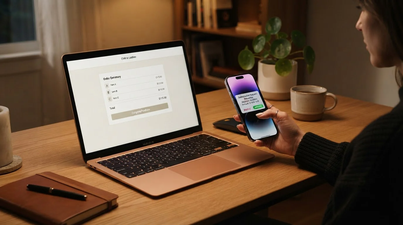 Notebook s otevřenou pokladnou herny a telefon s push notifikací o autorizaci platby