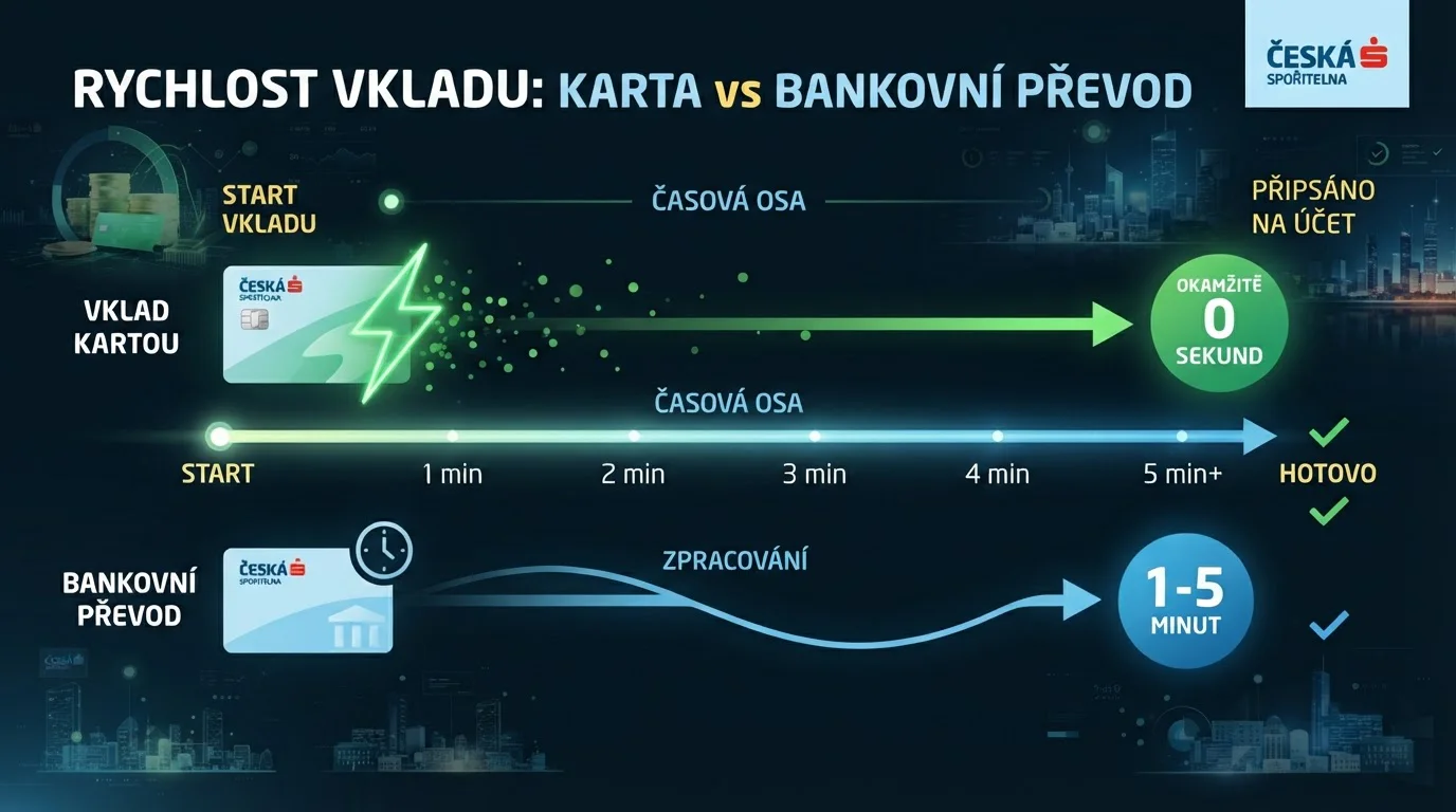 Časová osa porovnávající rychlost vkladu kartou a bankovního převodu z České spořitelny