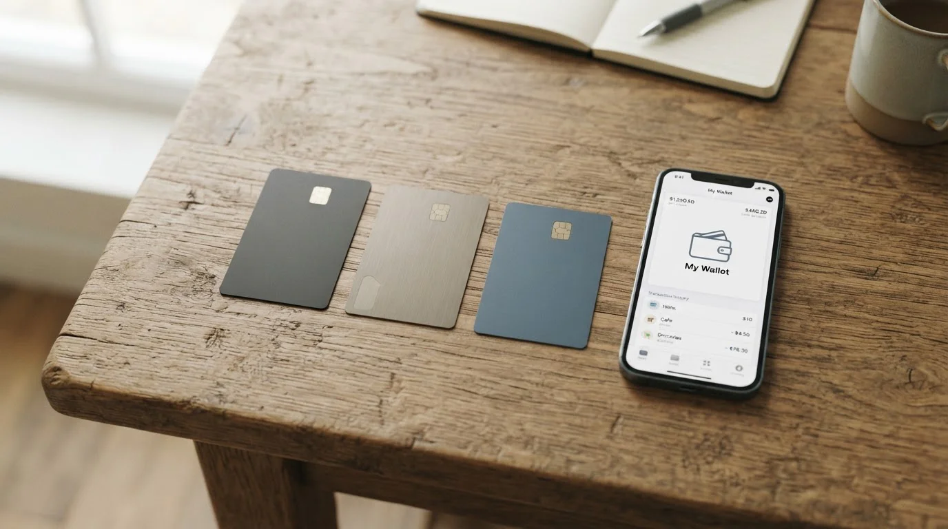 Tři různé karty a smartphone s aplikací peněženky na stole, symbolicky srovnaný setup