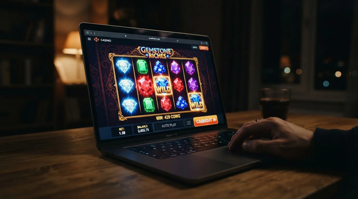 Notebook s otevřeným slotem Starburst a symbolem cashout tlačítka na obrazovce