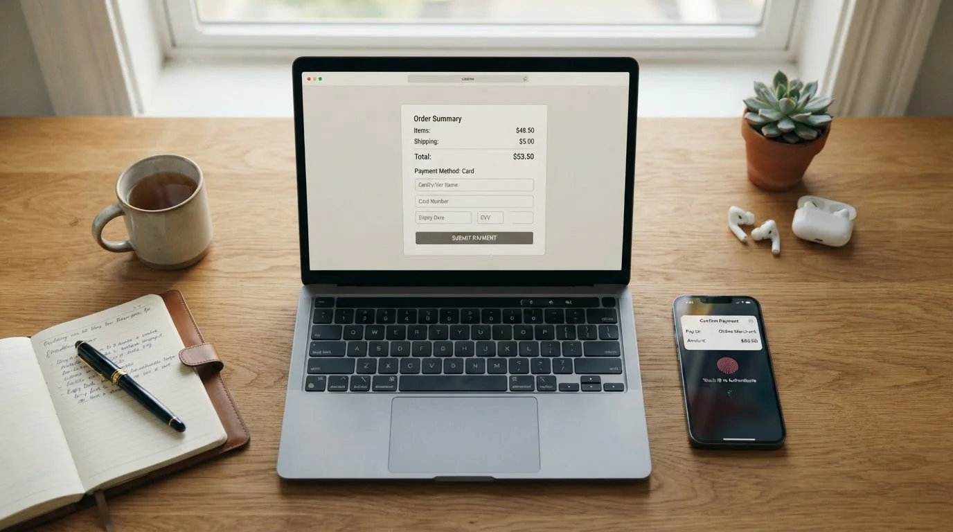 Klidný stůl s notebookem, pokladnou herny a smartphonem otevírajícím bankovní aplikaci