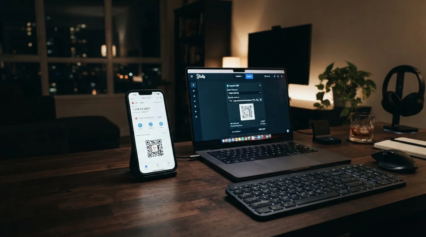 USDT logo na obrazovce telefonu vedle notebooku s krypto casino pokladnou