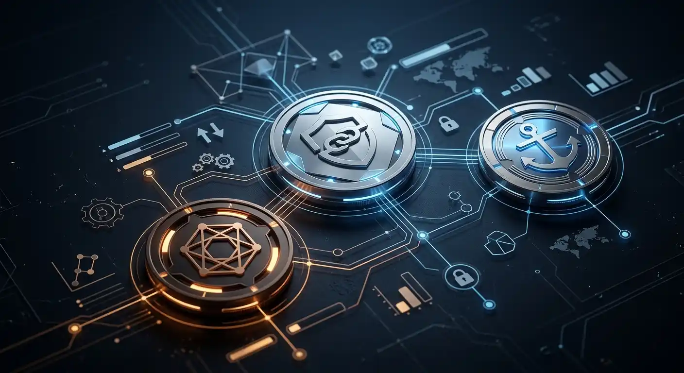 Diagram srovnání USDC, USDT a DAI stablecoinů s jejich vlastnostmi