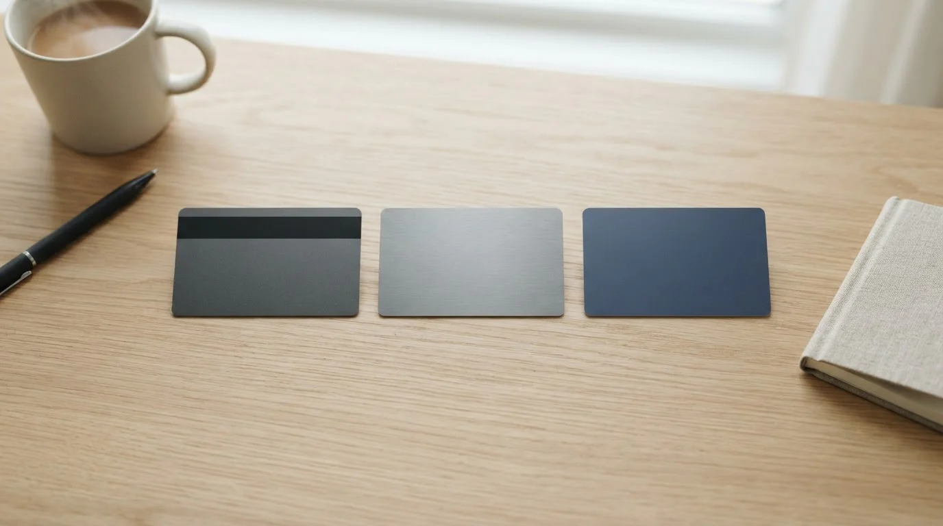 Detail několika typů Visa karet symbolicky uspořádaných na stole