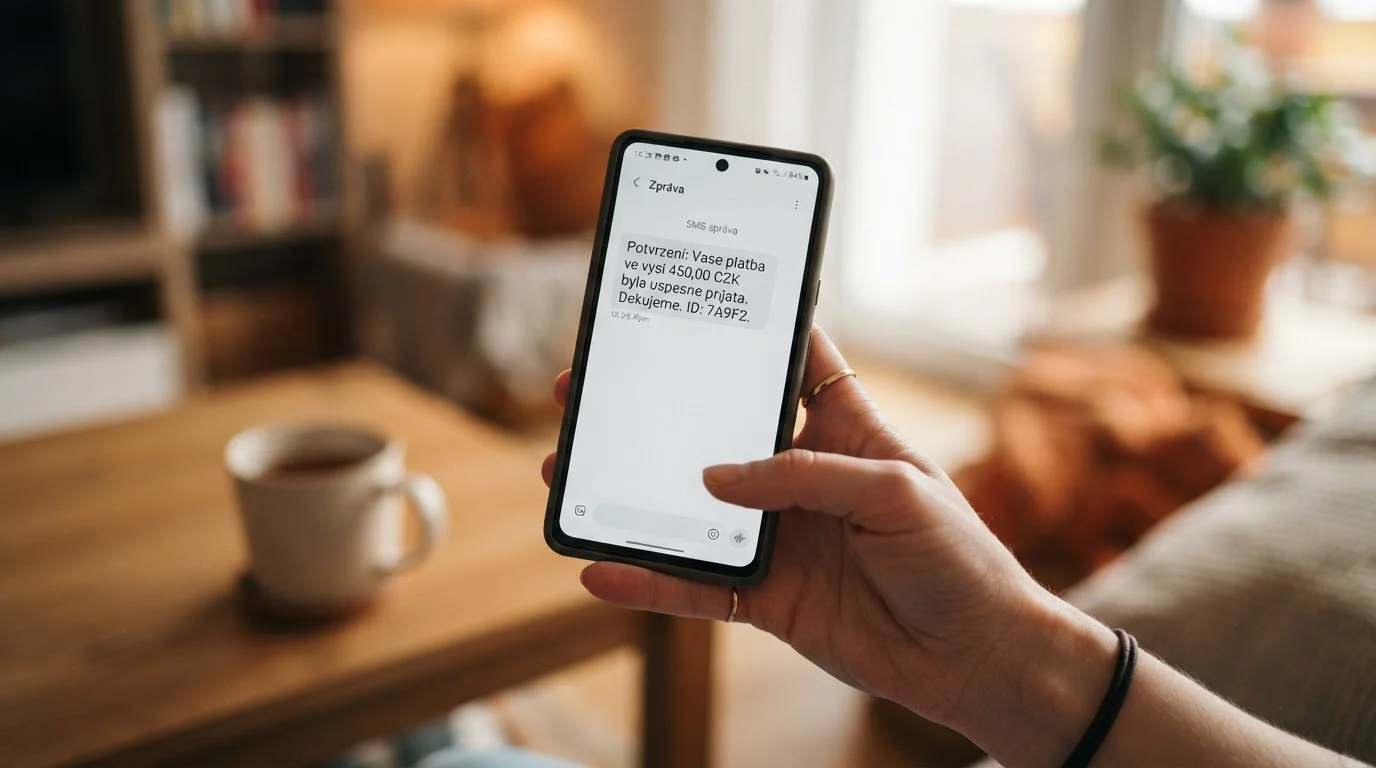 Ruka s telefonem potvrzuje mobilní platbu pomocí SMS kódu