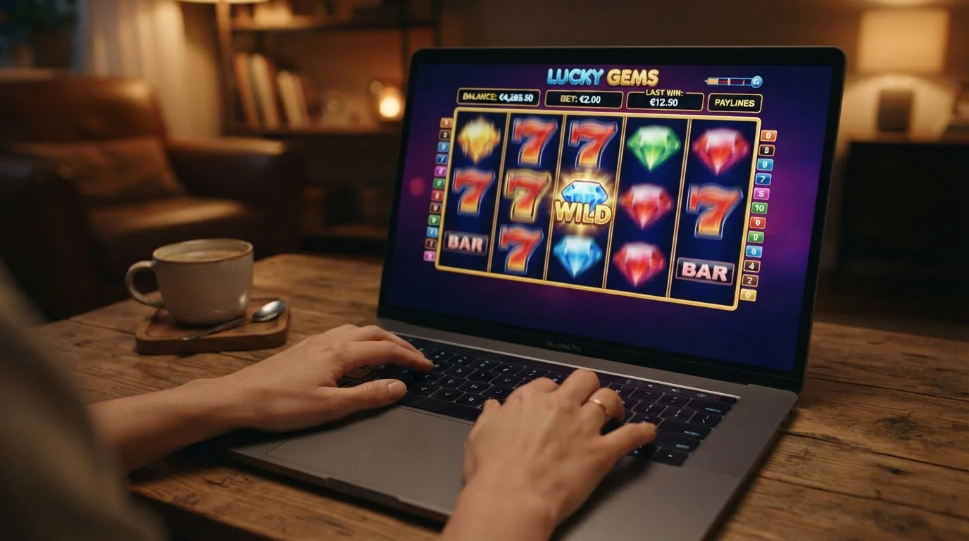 Ruce hráče vsakují padesátikorunu do slot mašiny na obrazovce notebooku