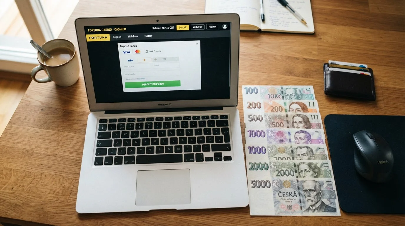 Notebook s otevřenou pokladnou casina a rozloženými bankovkami