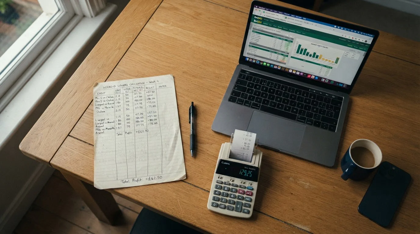 Kalkulačka s výpočtem wageringu na papíře vedle otevřeného notebooku