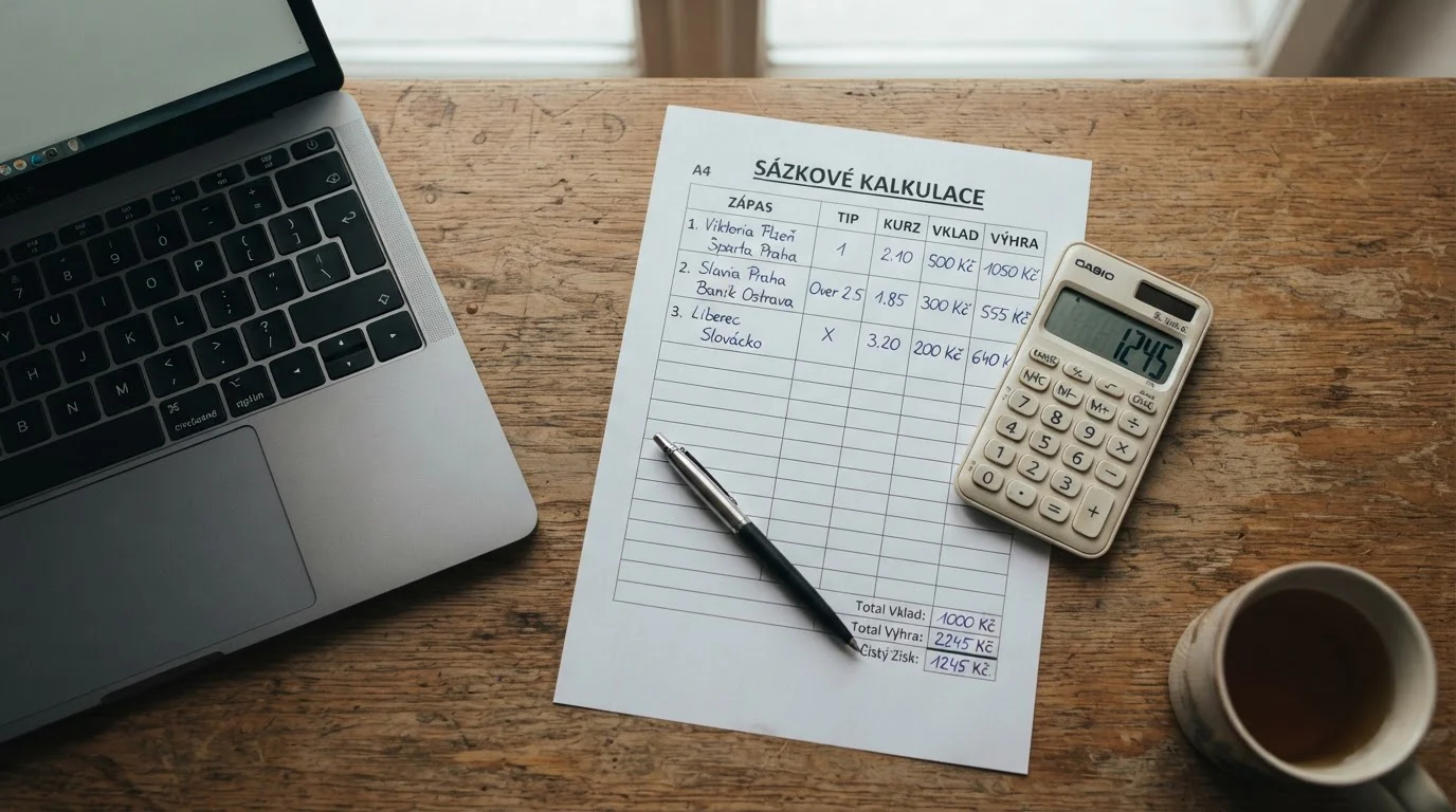 Papírová kalkulačka a poznámky s výpočtem wageringu vedle notebooku