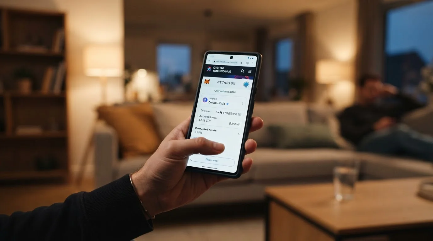Mobilní telefon s MetaMask peněženkou připojenou k casino rozhraní