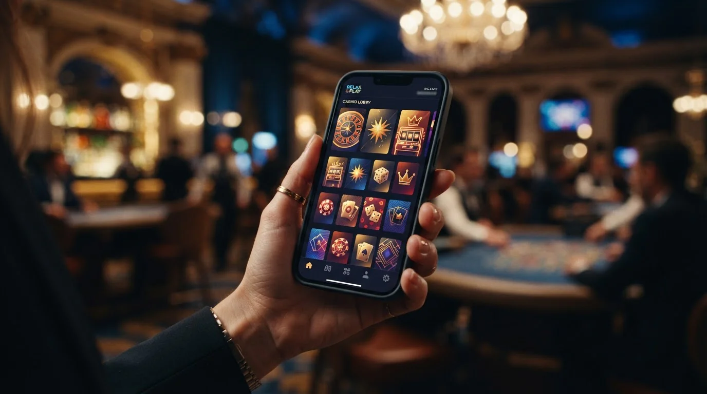 Neutrální ilustrace mobilní aplikace zahraniční herny na obrazovce smartphonu