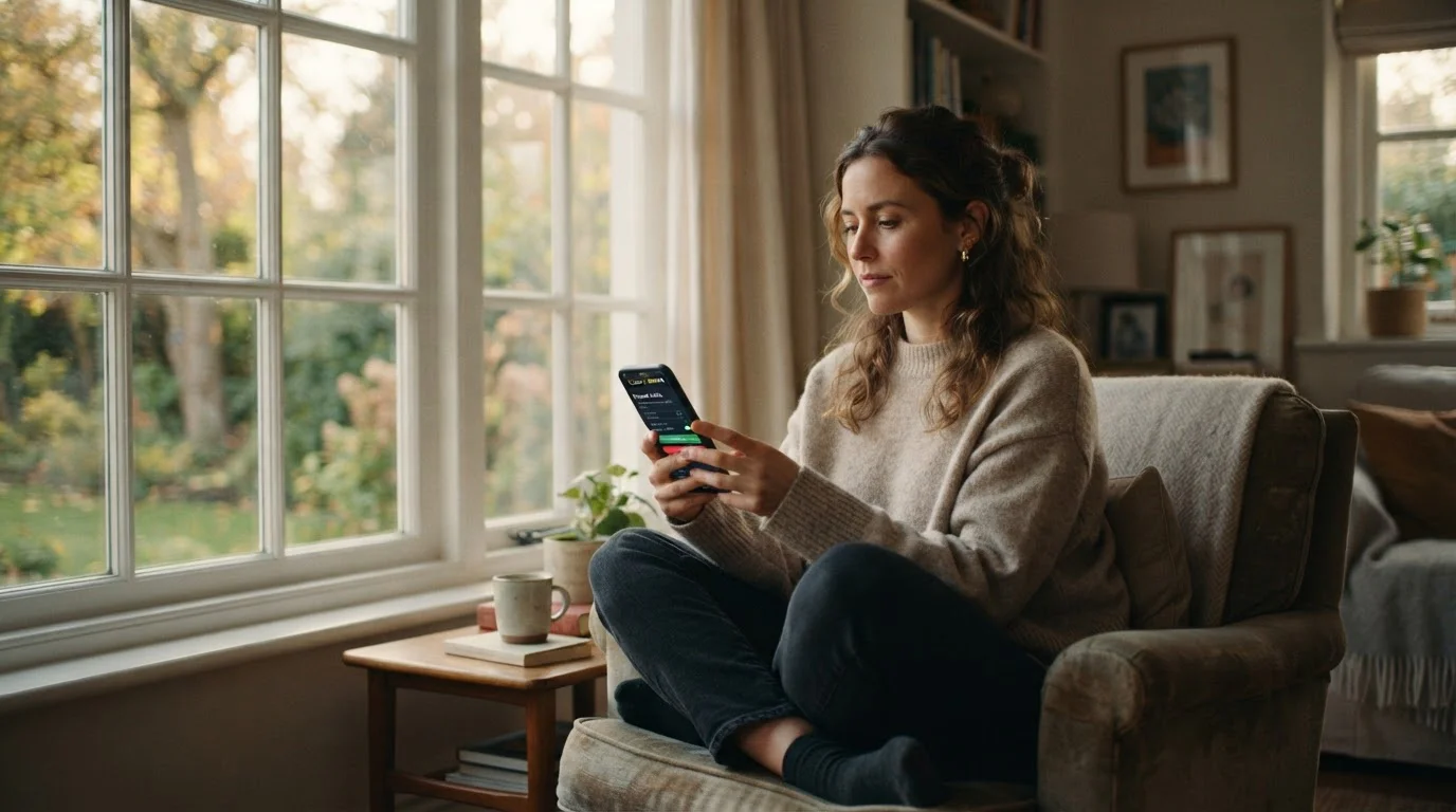 Osoba na židli u okna kontroluje limity vkladu v mobilní aplikaci casina